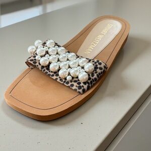 New! STUART WEITZMAN Goldie Cheetah Print Slide Leather Sandals Size 8